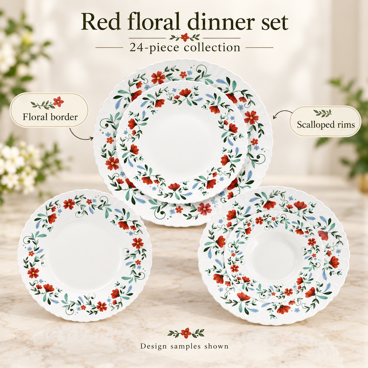 Danny Home 24-Piece Red Floral Dinner Set