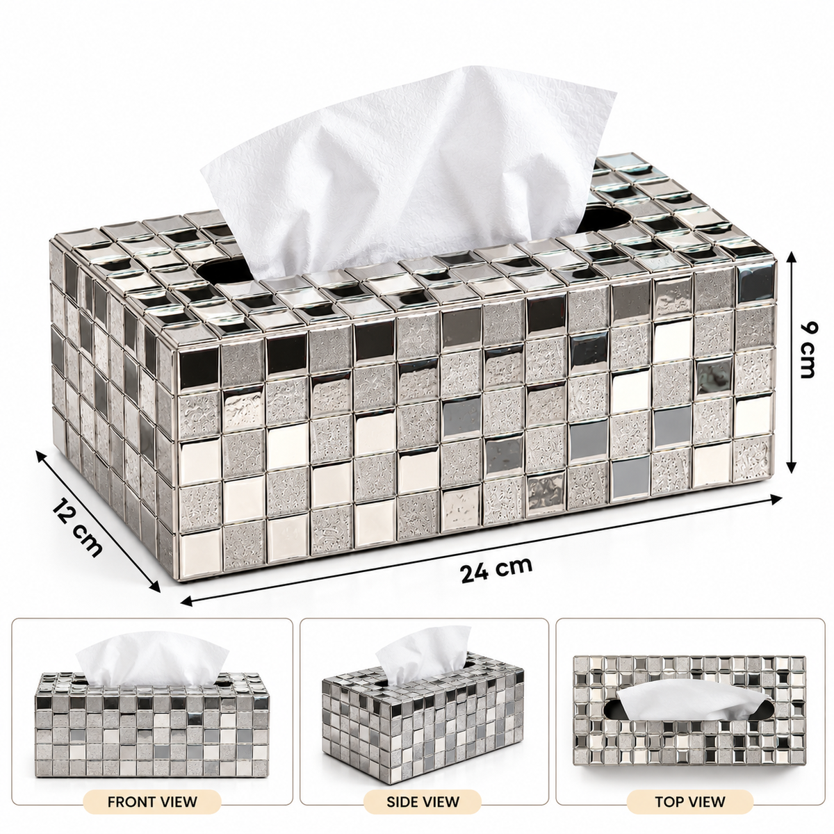 SILVER MOSAIC DESIGN RECTANGULAR TISSUE BOX COVER
