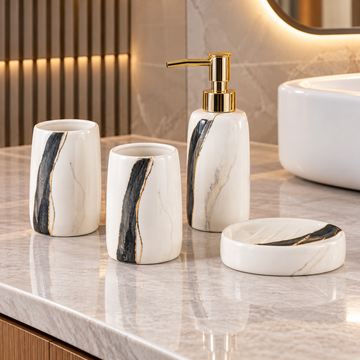WHITE & BLACK MARBLE DESIGN CERAMIC BATHROOM ACCESSORY SET WITH GOLD DETAILING