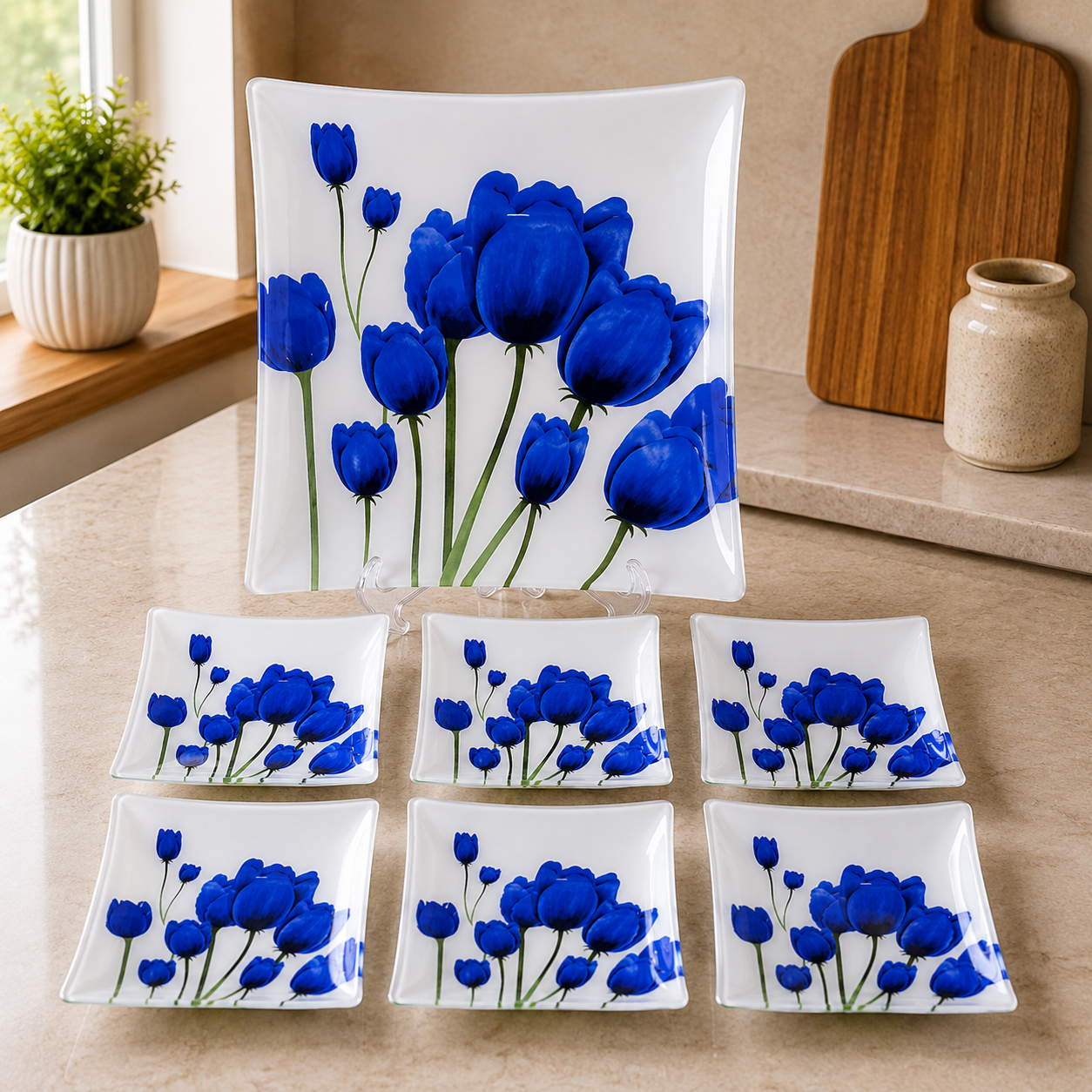 ARCOFAM SQUARE GLASS SERVING PLATE SET – BLUE PARSA