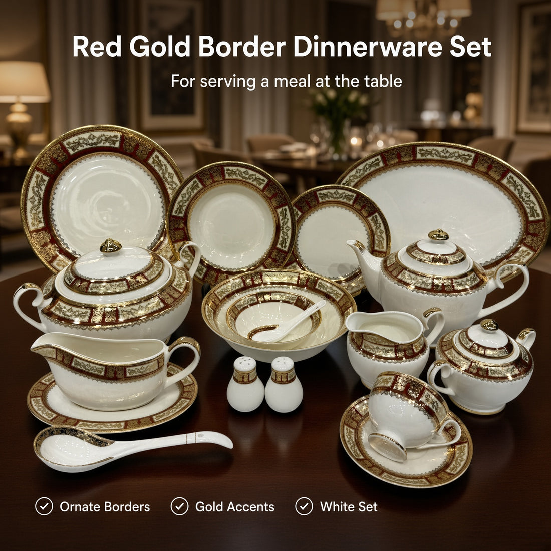Yamasen Japan Inspired Borders Red Gold Plated Porcelain Dinner Set