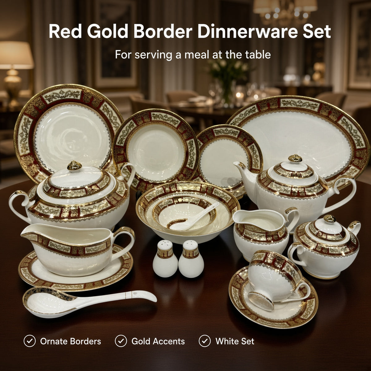 Yamasen Japan Inspired Borders Red Gold Plated Porcelain Dinner Set