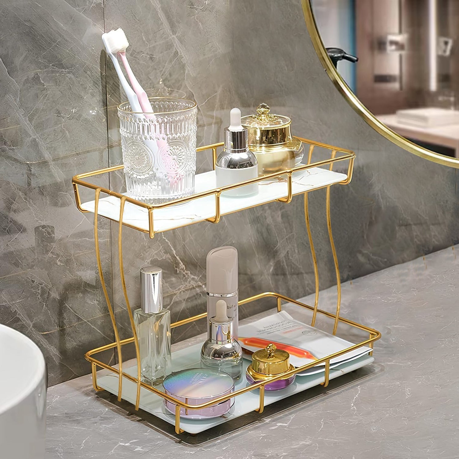 2-Tier Rectangular Golden Vanity Stand by Matrix