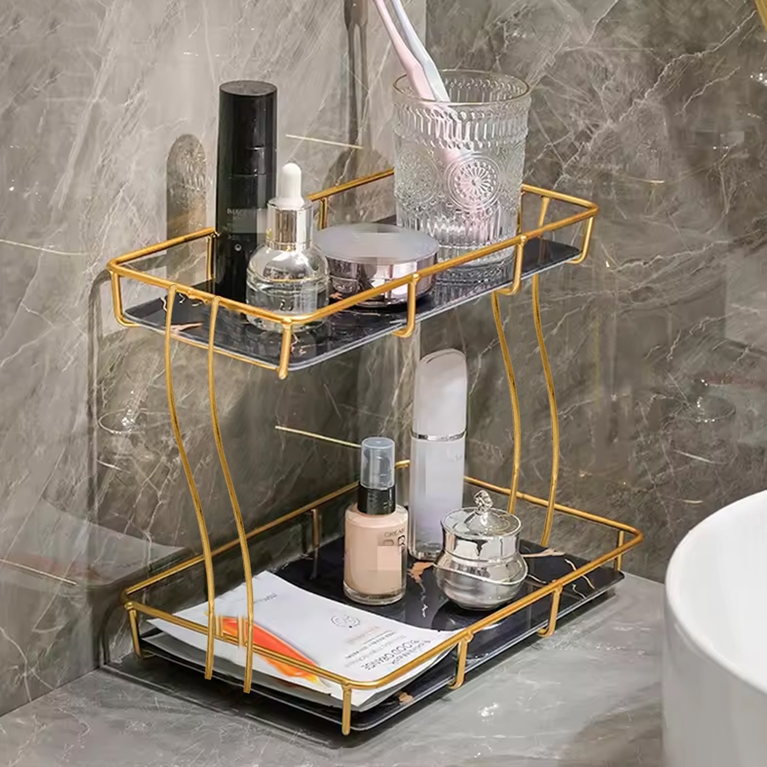 2-Tier Rectangular Golden Vanity Stand by Matrix