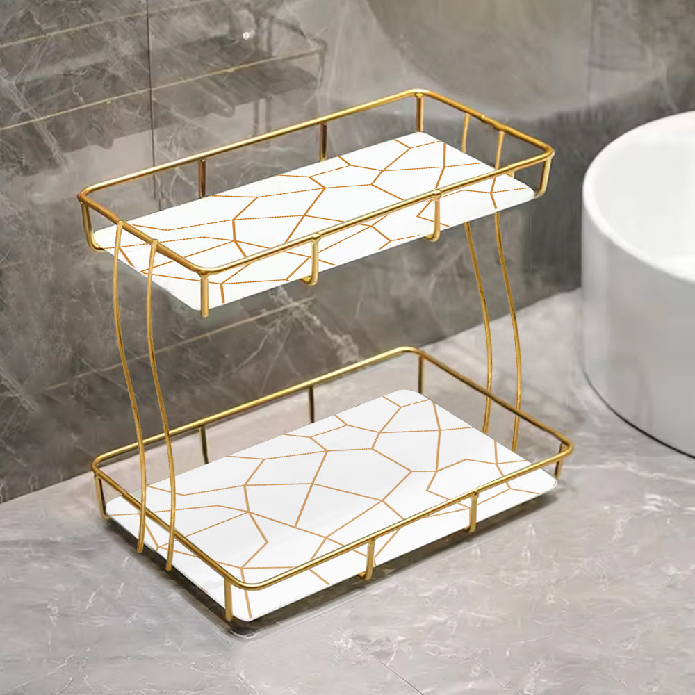 2-Tier Rectangular Golden Vanity Stand by Matrix White base with golden design