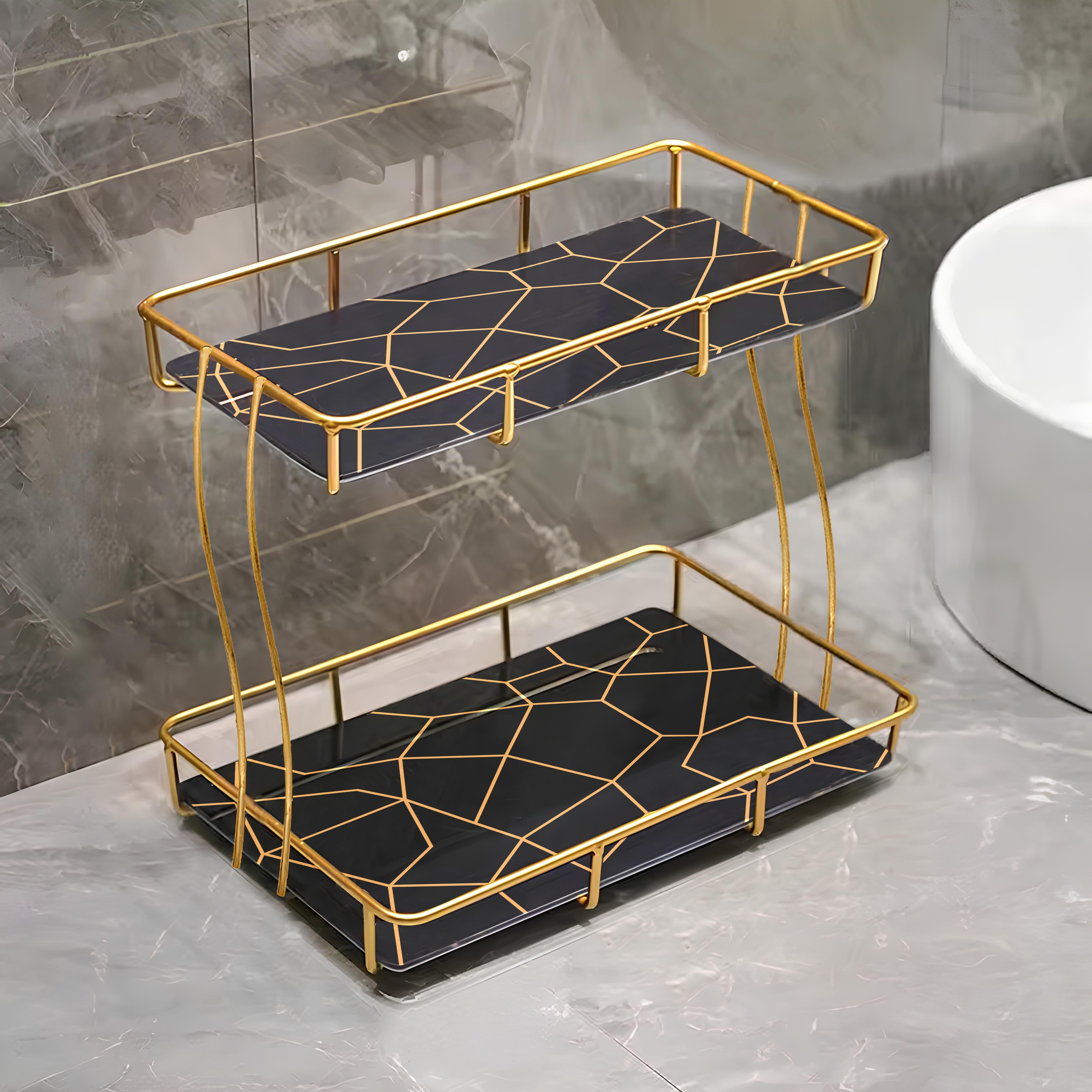 2-Tier Rectangular Golden Vanity Stand by Matrix Black base with golden design