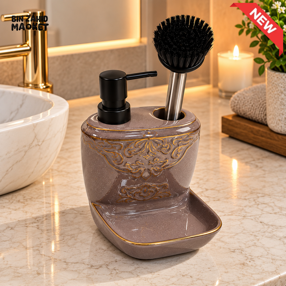 2-IN-1 CERAMIC SOAP DISPENSER AND CLEANING BRUSH HOLDER WITH TRAY