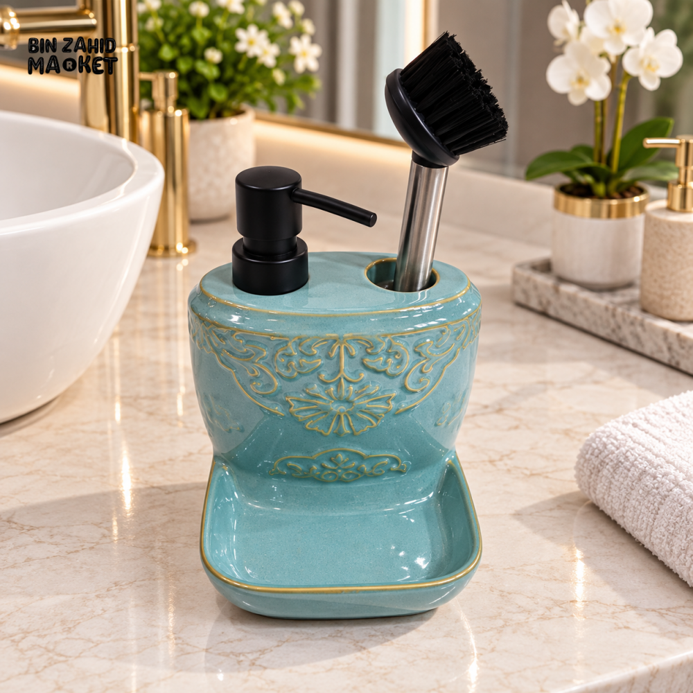 2-IN-1 CERAMIC SOAP DISPENSER AND CLEANING BRUSH HOLDER WITH TRAY – AQUA BLUE