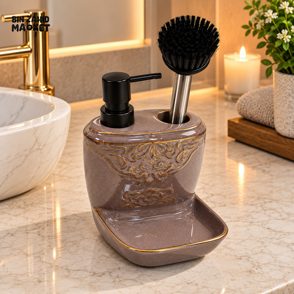 2-IN-1 CERAMIC SOAP DISPENSER AND CLEANING BRUSH HOLDER WITH TRAY
