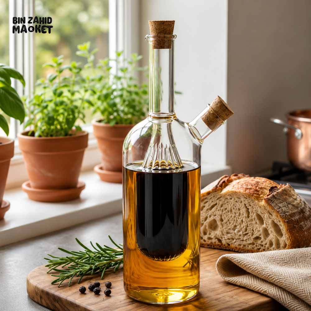 2-IN-1 DUAL CHAMBER GLASS OIL AND VINEGAR DISPENSER BOTTLE