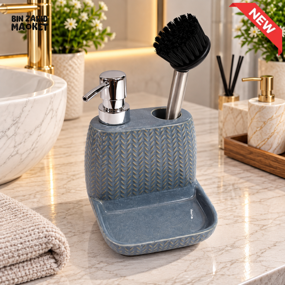 2-IN-1 TEXTURED SOAP DISPENSER AND CLEANING BRUSH HOLDER WITH TRAY – BLUE GREY