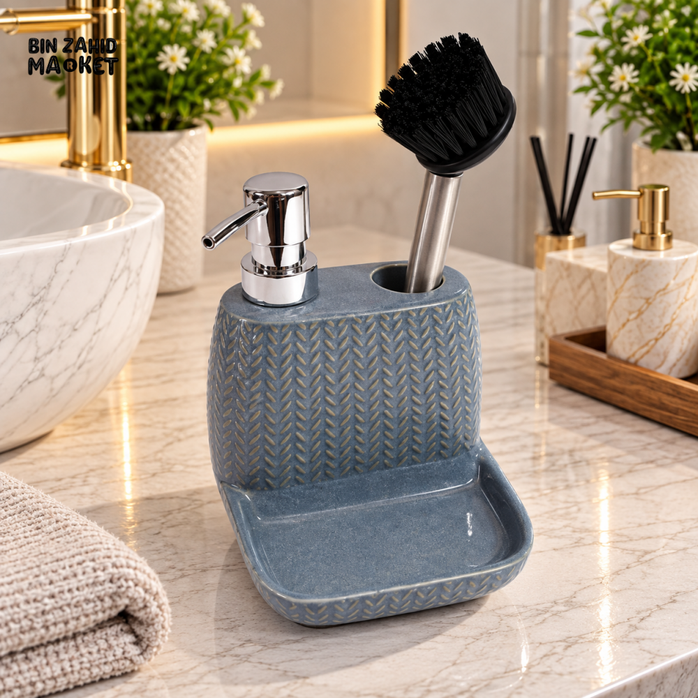2-IN-1 TEXTURED SOAP DISPENSER AND CLEANING BRUSH HOLDER WITH TRAY – BLUE GREY