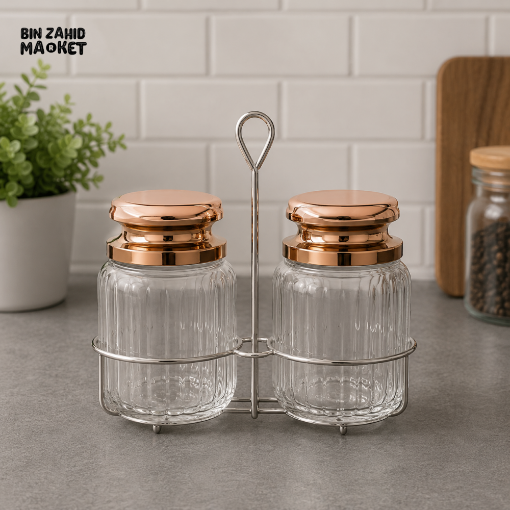 2 PCS GLASS CONDIMENT JAR SET WITH METAL STAND - Condiment Sets