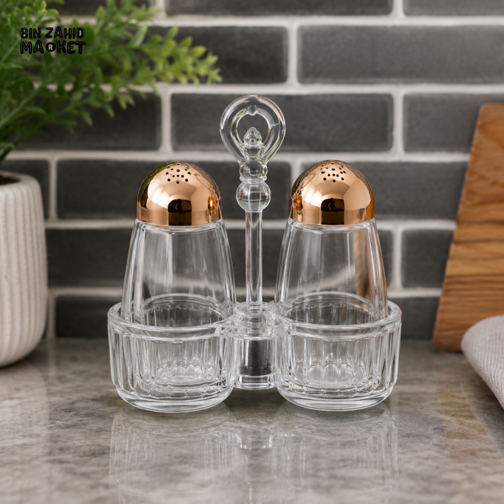 2 PCS GLASS SALT & PEPPER SHAKER SET WITH ROSE GOLD LIDS - Salt & Pepper Sets