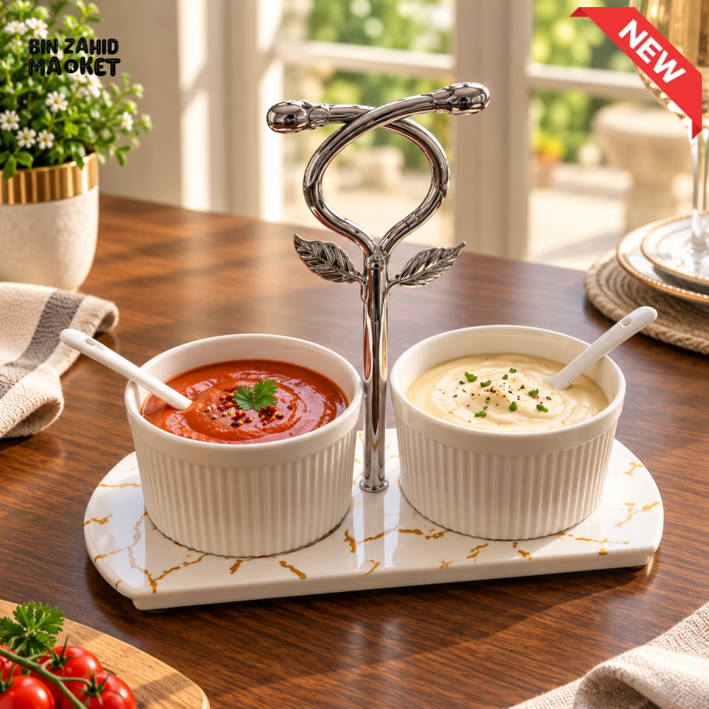 2-PIECE CERAMIC CONDIMENT SERVING BOWL SET WITH SPOONS AND STAND