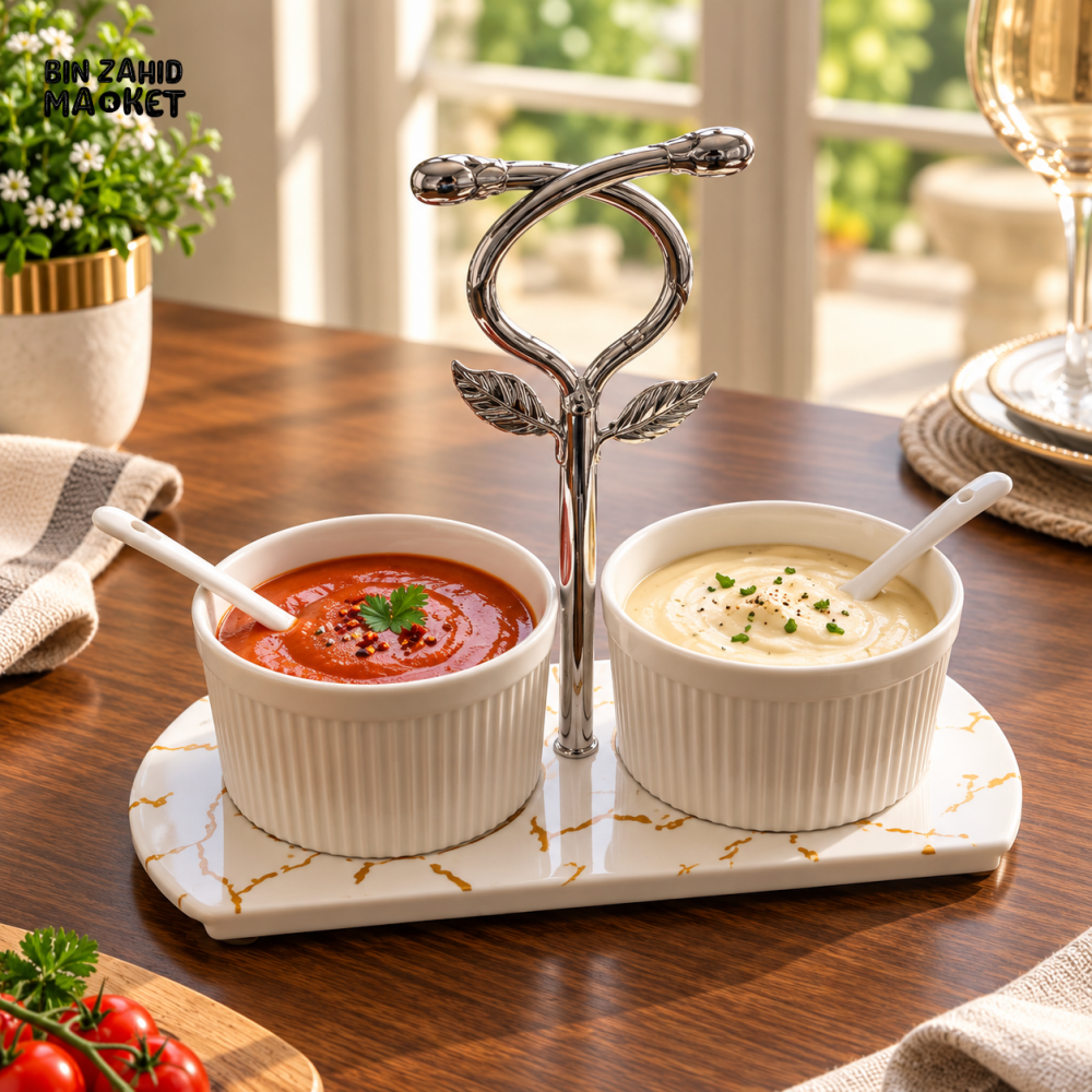 2-PIECE CERAMIC CONDIMENT SERVING BOWL SET WITH SPOONS AND STAND