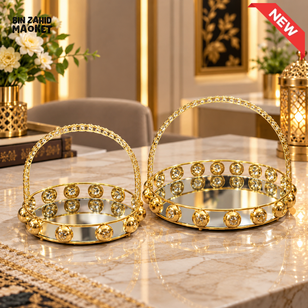 2-PIECE GOLD CRYSTAL MIRROR SERVING TRAY SET WITH HANDLES - Decorative Trays