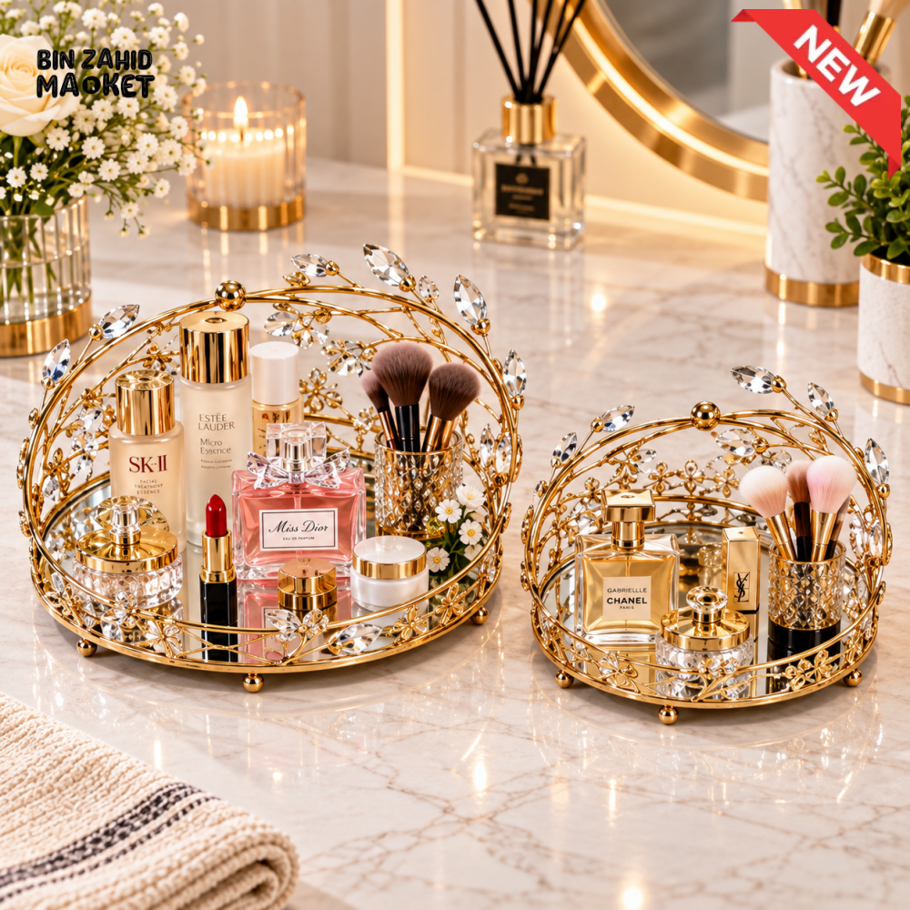 2 PIECE GOLDEN CRYSTAL PERFUME & COSMETIC VANITY TRAY SET