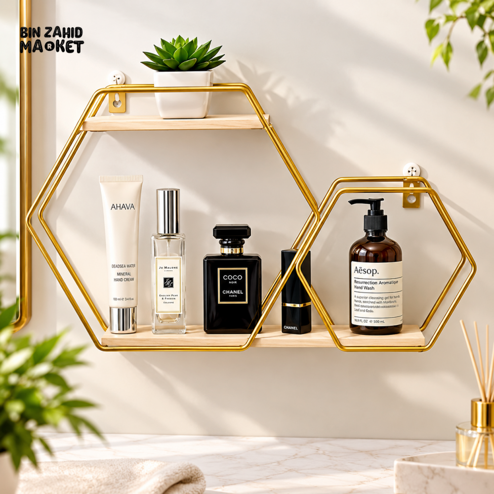 2-PIECE GOLDEN HEXAGON METAL WALL-MOUNTED DISPLAY SHELF SET