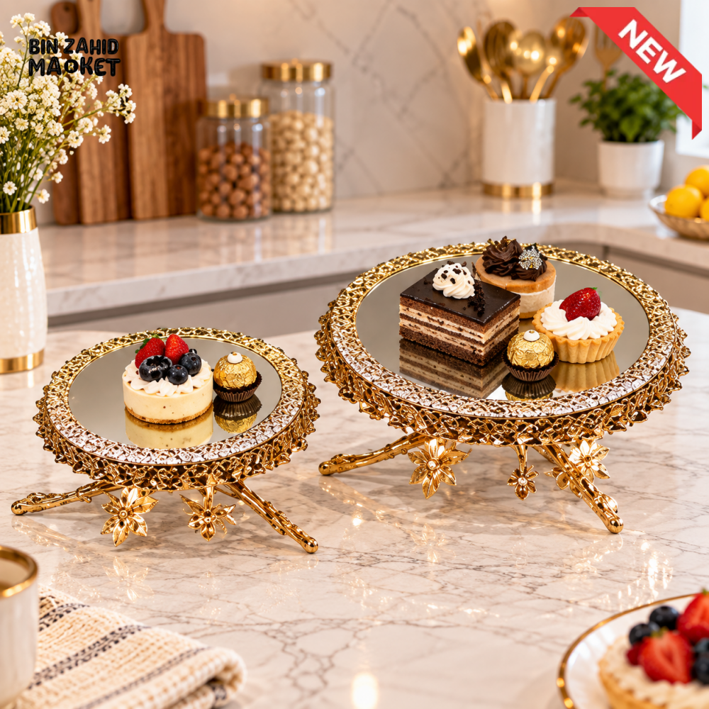 2 PIECE GOLDEN MIRROR CAKE STAND DESSERT TRAY SET