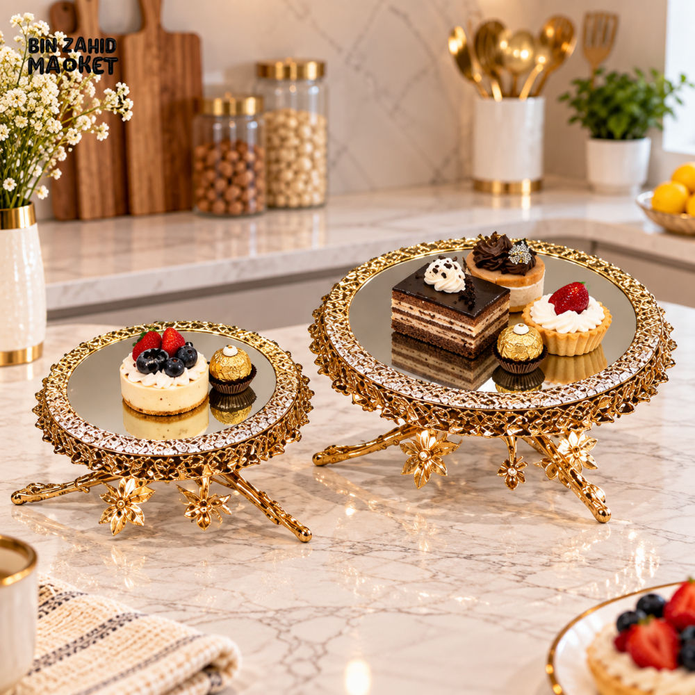 2 PIECE GOLDEN MIRROR CAKE STAND DESSERT TRAY SET