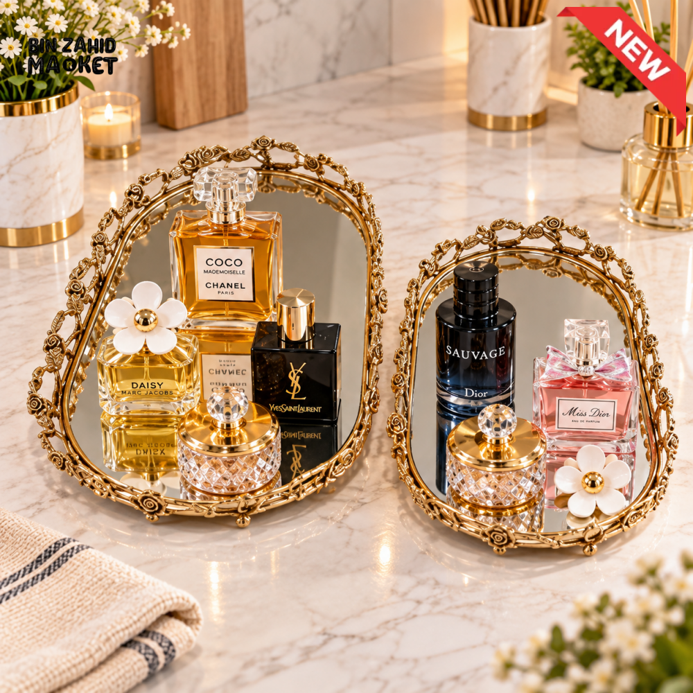 2 PIECE GOLDEN MIRROR PERFUME & VANITY TRAY SET