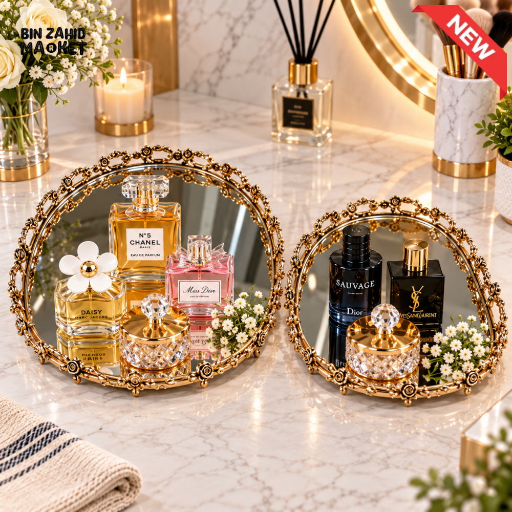2 PIECE GOLDEN ROUND MIRROR PERFUME & COSMETIC VANITY TRAY SET