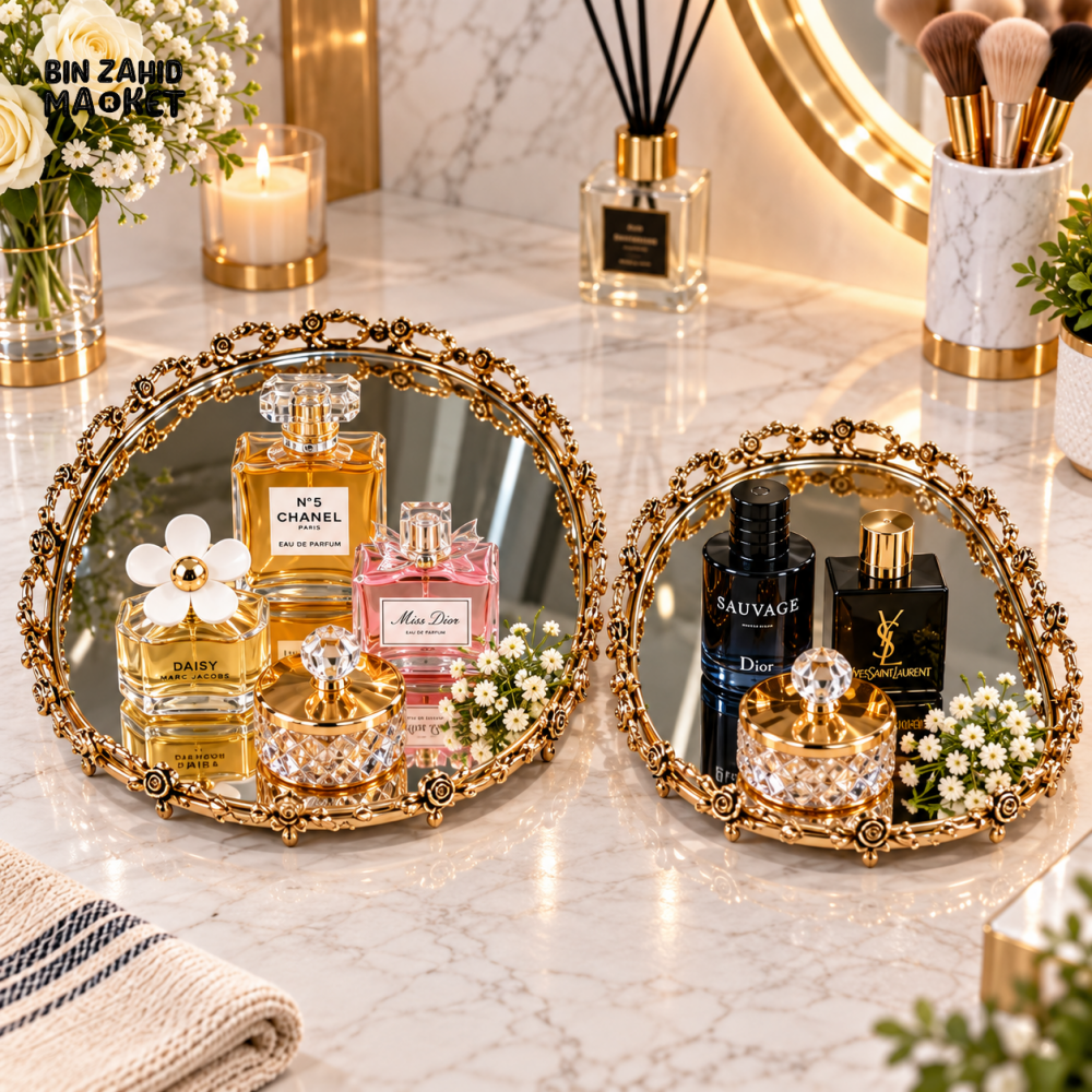 2 PIECE GOLDEN ROUND MIRROR PERFUME & COSMETIC VANITY TRAY SET