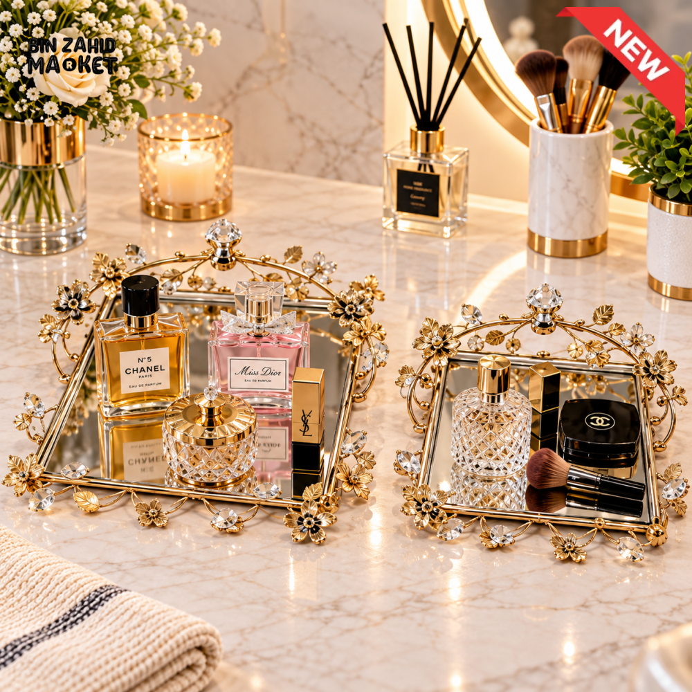 2 PIECE GOLDEN SQUARE MIRROR PERFUME & COSMETIC VANITY TRAY SET
