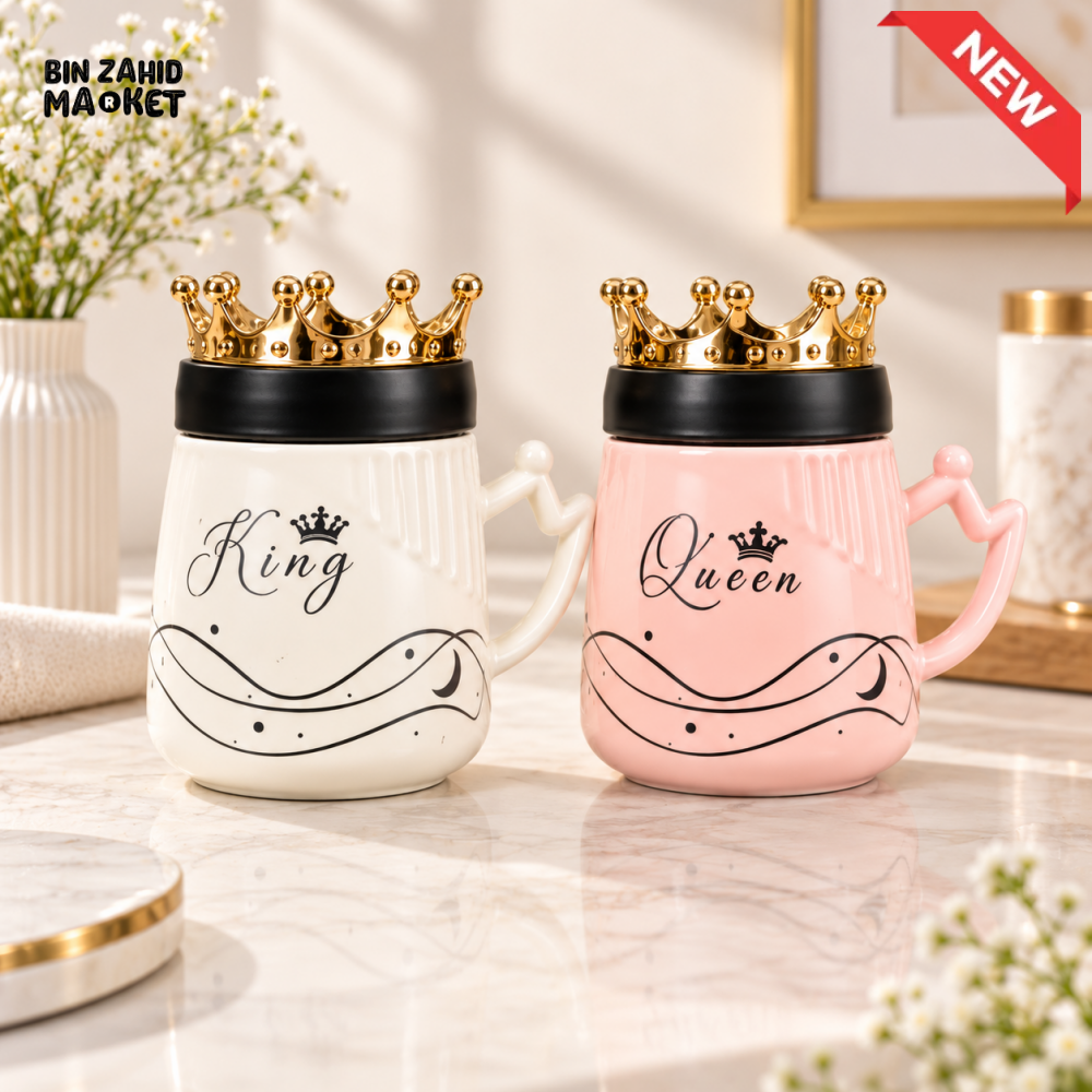 2-PIECE KING & QUEEN CERAMIC COFFEE MUG SET WITH GOLDEN CROWN LIDS