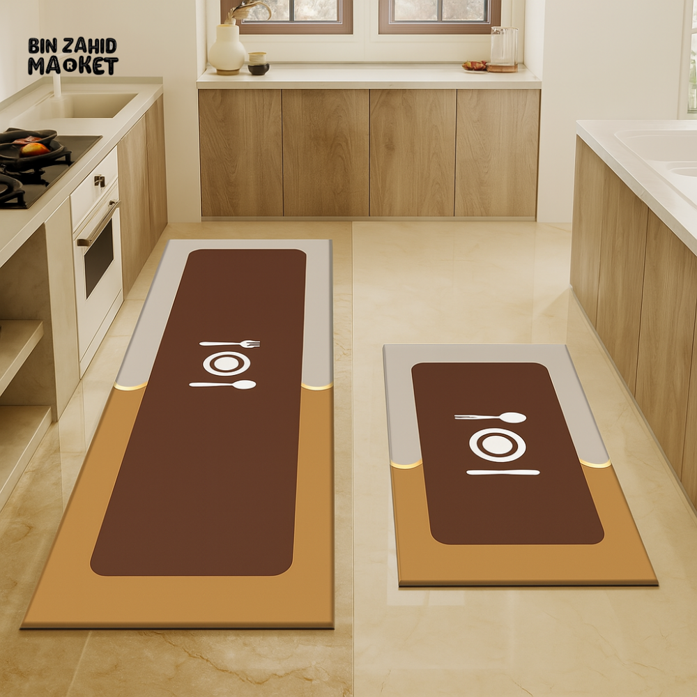 2-PIECE KITCHEN FLOOR MATS SET – NON-SLIP ANTI-FATIGUE RUGS WITH BROWN & BEIGE DINING UTENSIL DESIGN FOR HOME DECOR