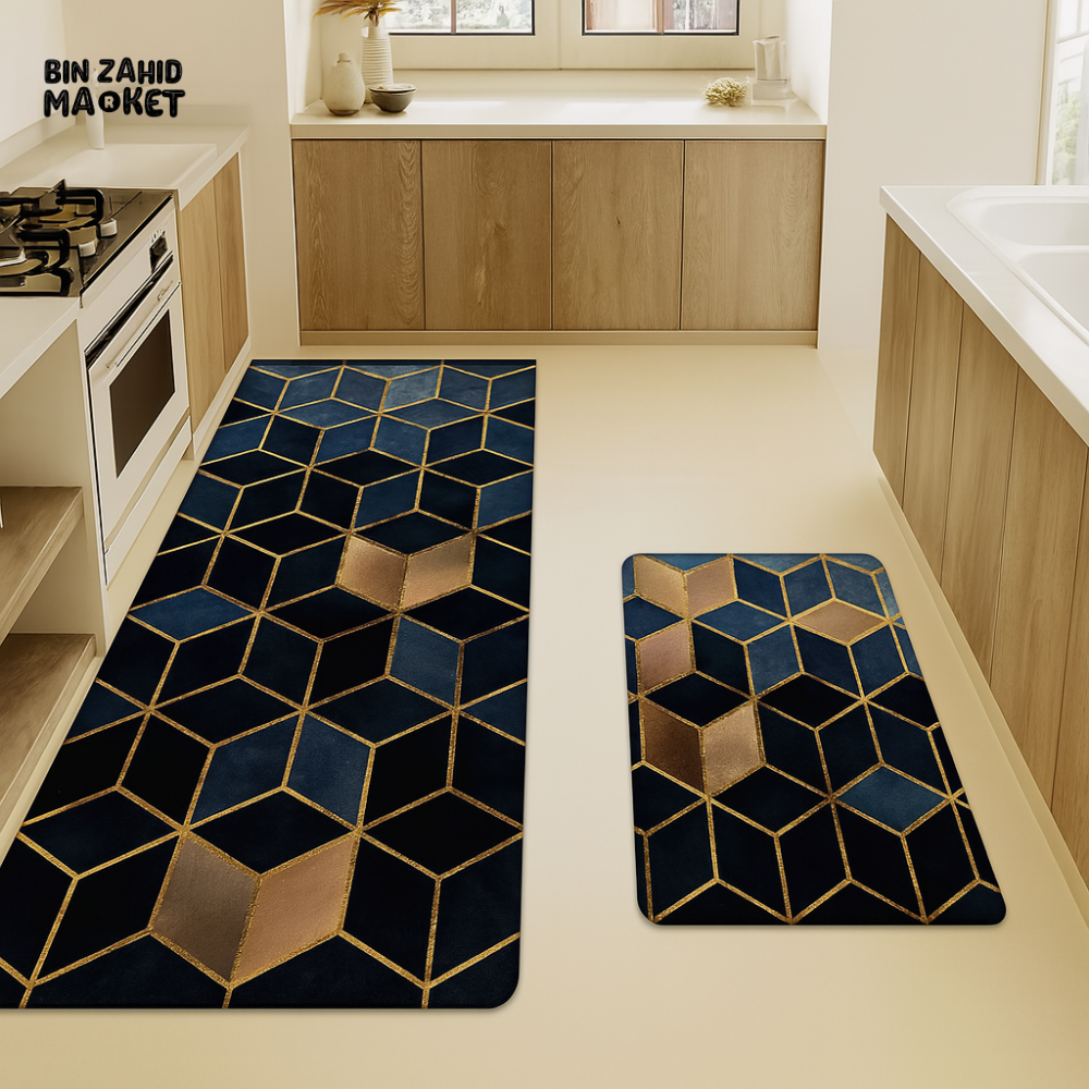 2-PIECE KITCHEN FLOOR MATS SET – NON-SLIP ANTI-FATIGUE RUGS WITH LUXURY 3D CUBE DESIGN IN NAVY BLUE & GOLD