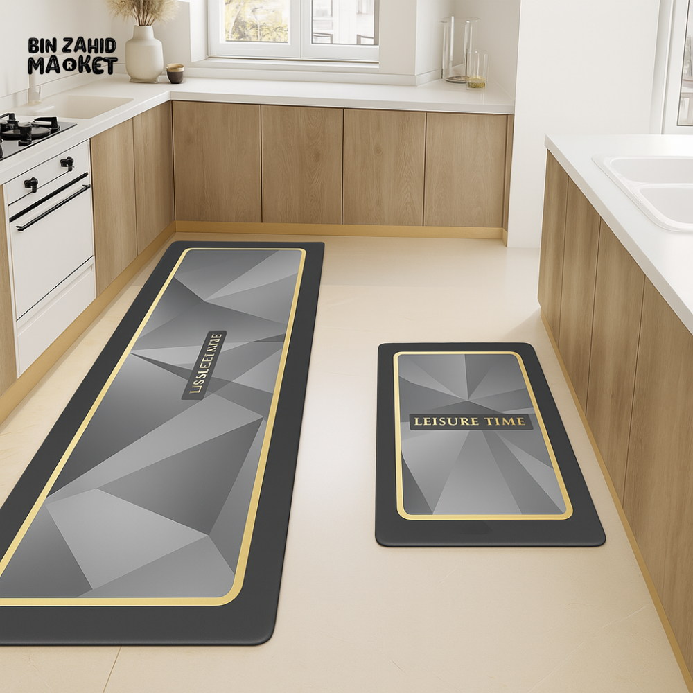 2-PIECE KITCHEN FLOOR MATS SET – NON-SLIP ANTI-FATIGUE RUGS WITH MODERN GREY GEOMETRIC DESIGN & LEISURE TIME PRINT