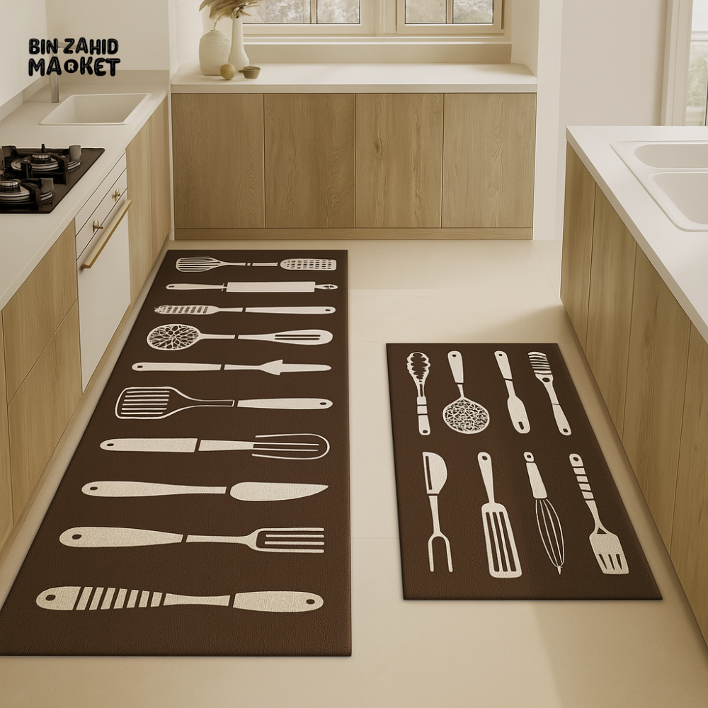 2-PIECE KITCHEN FLOOR MATS SET – NON-SLIP BROWN ANTI-FATIGUE RUGS WITH WHITE UTENSIL PRINT FOR HOME COOKING DECOR