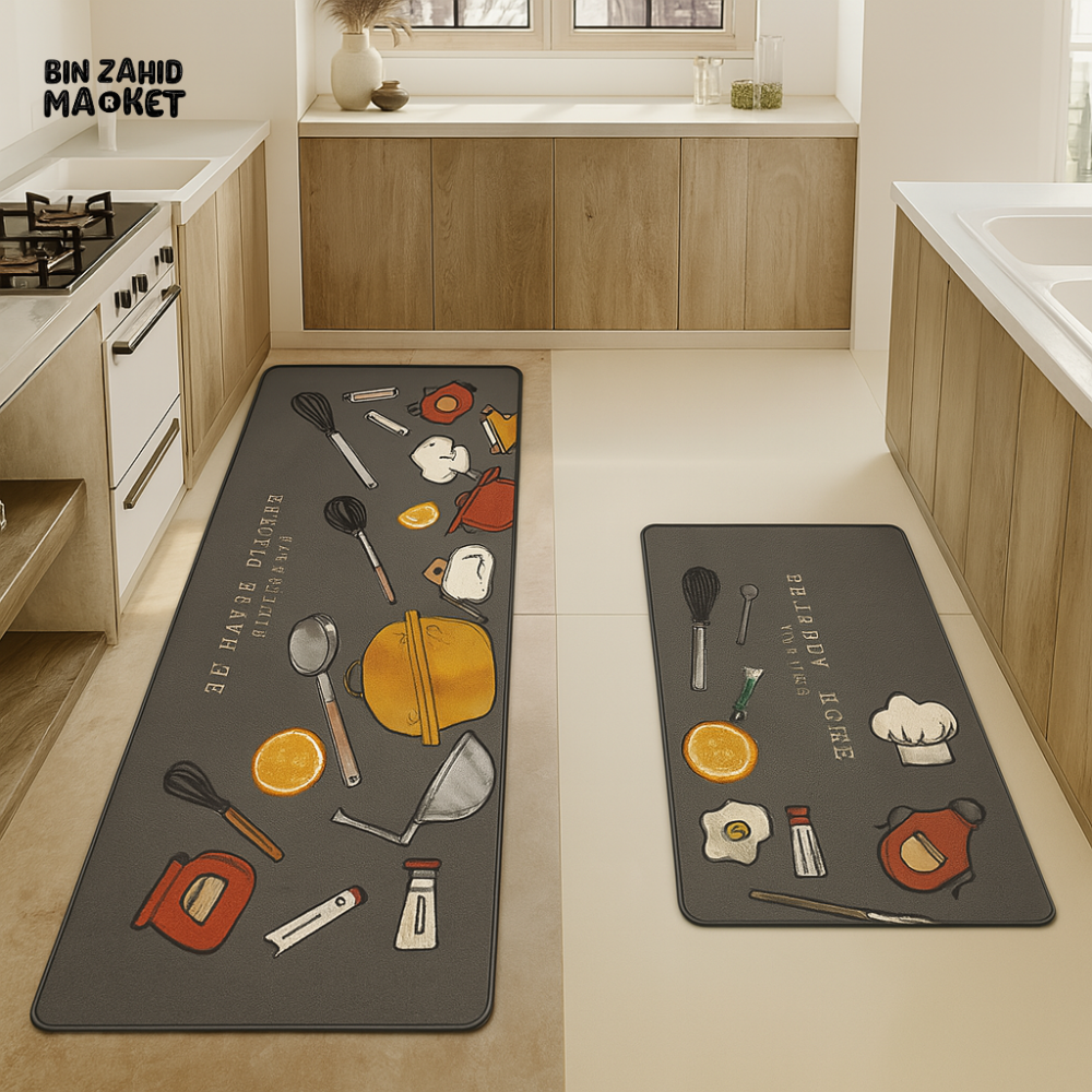 2-PIECE KITCHEN FLOOR MATS SET – NON-SLIP CUSHIONED ANTI-FATIGUE RUGS WITH FUN COOKING PRINT FOR HOME & CHEF DECOR