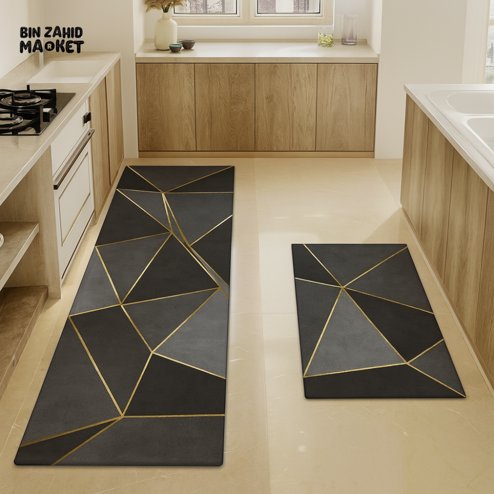 2-PIECE KITCHEN FLOOR MATS SET – NON-SLIP GEOMETRIC DESIGN ANTI-FATIGUE RUGS WITH GOLD ACCENTS FOR MODERN HOME DECOR
