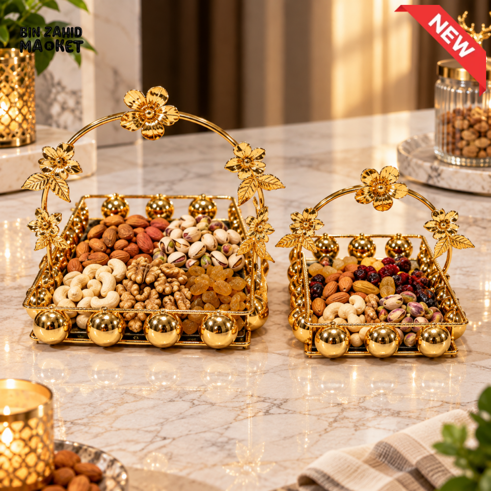 2-PIECE LUXURY GOLDEN FLORAL HANDLE DRY FRUIT & NUT SERVING TRAY SET