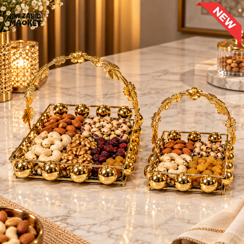 2-PIECE LUXURY GOLDEN FLORAL HANDLE DRY FRUIT & NUT SERVING TRAY SET