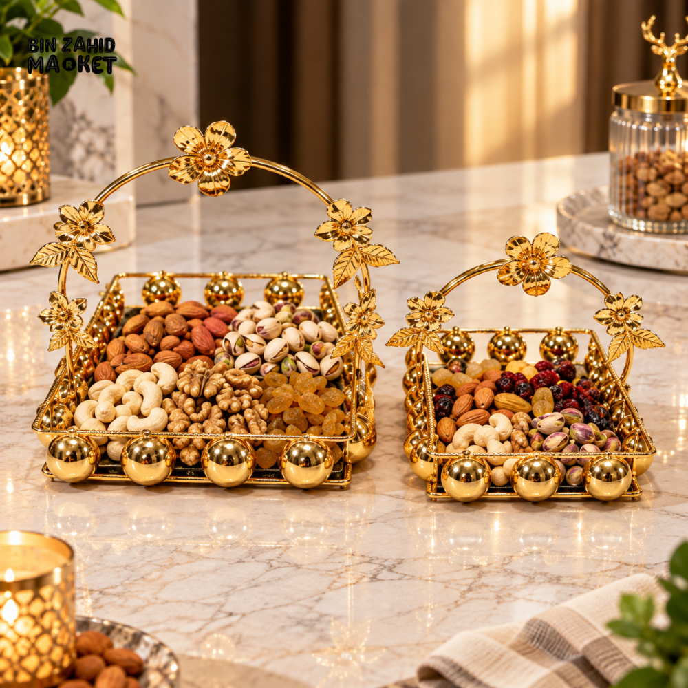 2-PIECE LUXURY GOLDEN FLORAL HANDLE DRY FRUIT & NUT SERVING TRAY SET