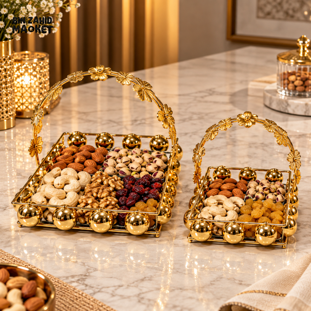 2-PIECE LUXURY GOLDEN FLORAL HANDLE DRY FRUIT & NUT SERVING TRAY SET