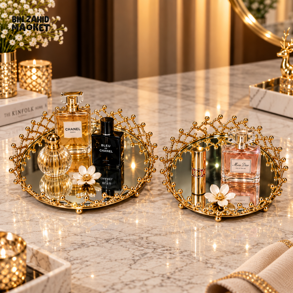 2-PIECE LUXURY GOLDEN MIRROR VANITY & PERFUME DISPLAY TRAY SET