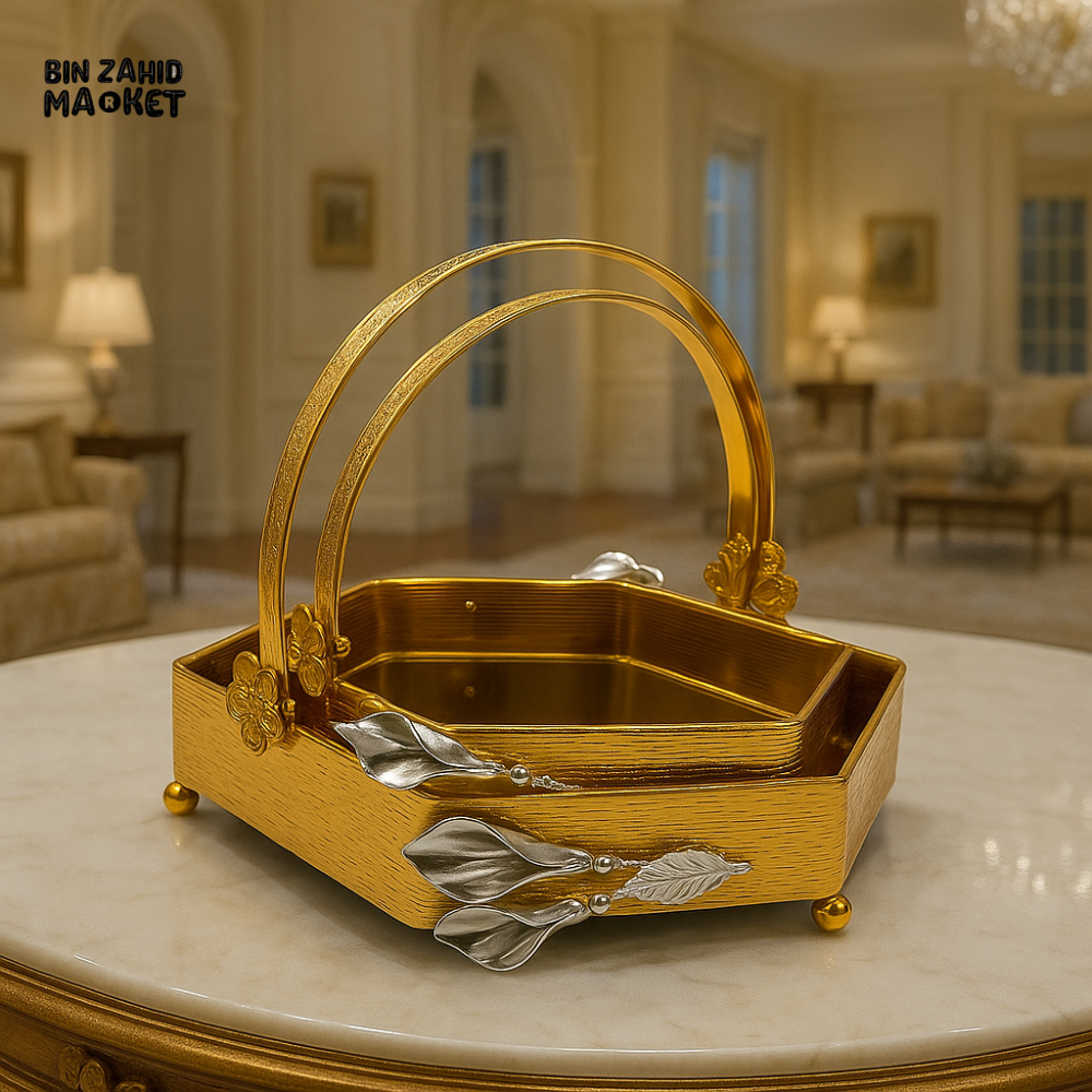 2 PIECE LUXURY GOLDEN SERVING BASKET SET WITH HANDLE – ELEGANT VILLA TABLE DECOR TRAY