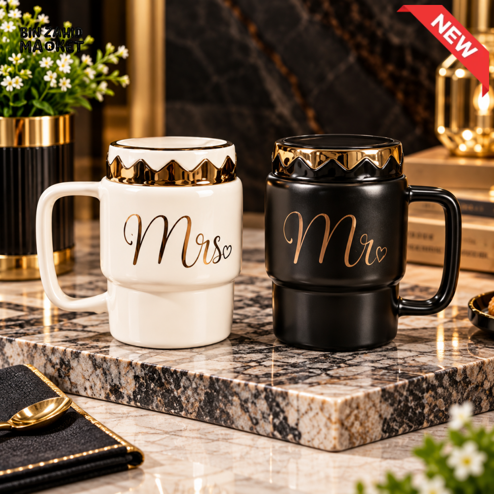 2-PIECE MR & MRS CERAMIC COFFEE MUG SET WITH CROWN-STYLE LIDS