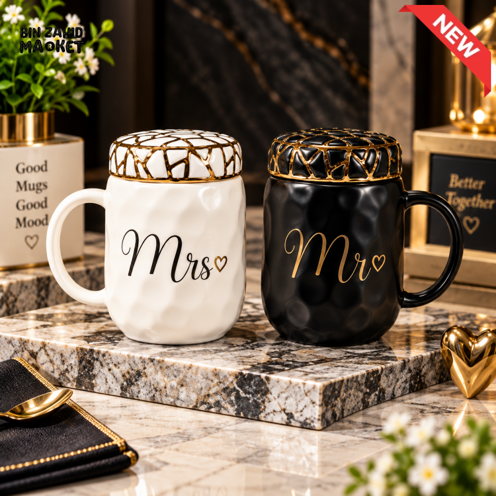 2-PIECE MR & MRS CERAMIC COFFEE MUG SET WITH DECORATIVE LIDS