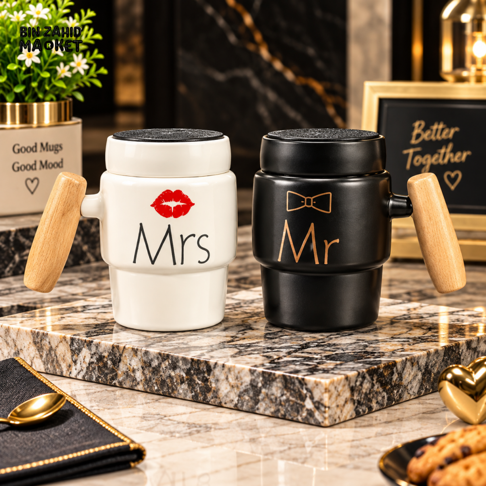 2-PIECE MR & MRS CERAMIC COFFEE MUG SET WITH WOODEN HANDLES & LIDS