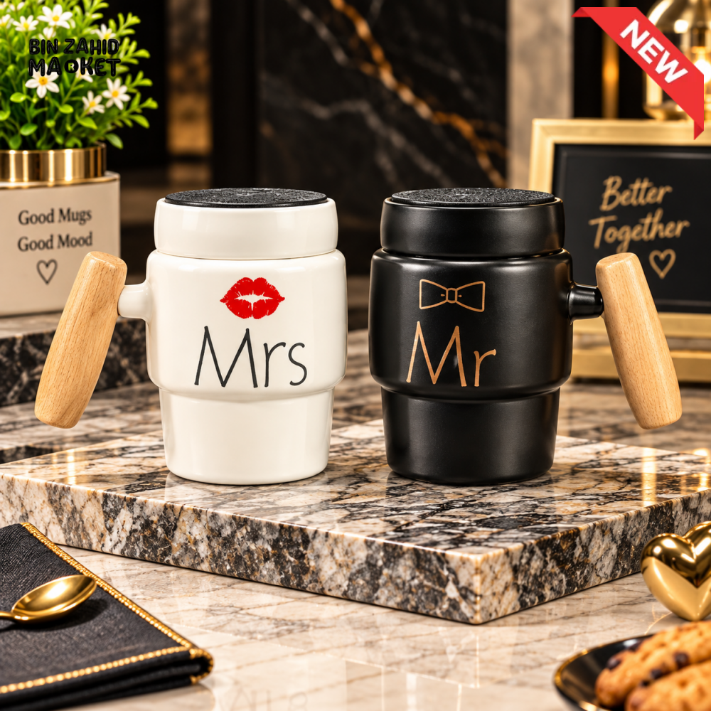 2-PIECE MR & MRS CERAMIC COFFEE MUG SET WITH WOODEN HANDLES & LIDS