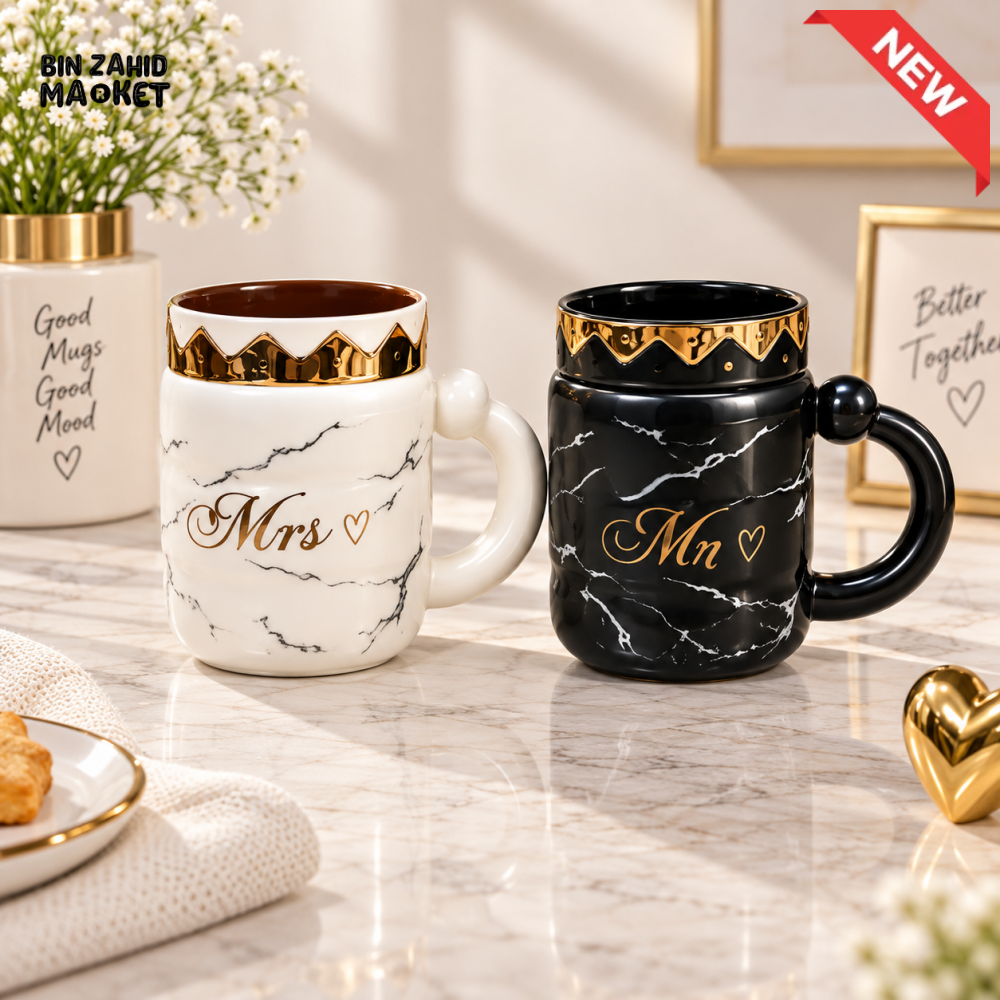 2-PIECE MR & MRS MARBLE DESIGN CERAMIC COFFEE MUG SET WITH GOLDEN DETAILING