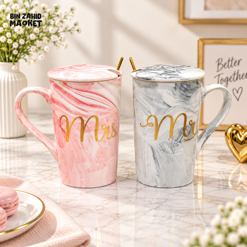 2-PIECE MR & MRS MARBLE DESIGN CERAMIC MUG SET WITH LIDS & SPOONS