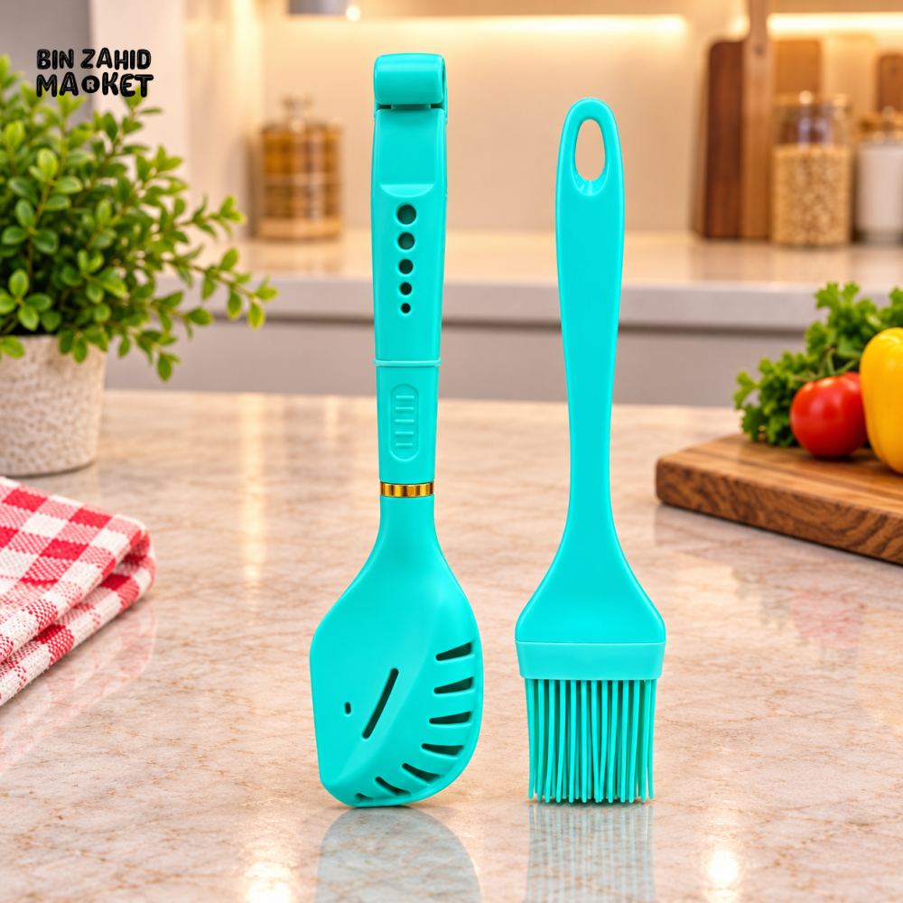 2-PIECE SILICONE SLOTTED SPOON AND PASTRY BRUSH KITCHEN TOOL SET