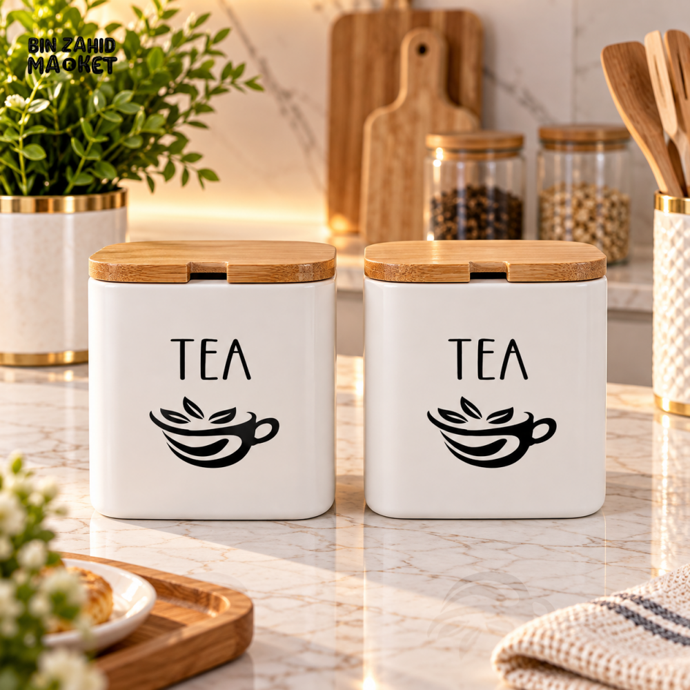 2 PIECES CERAMIC TEA STORAGE CANISTER WITH BAMBOO LID